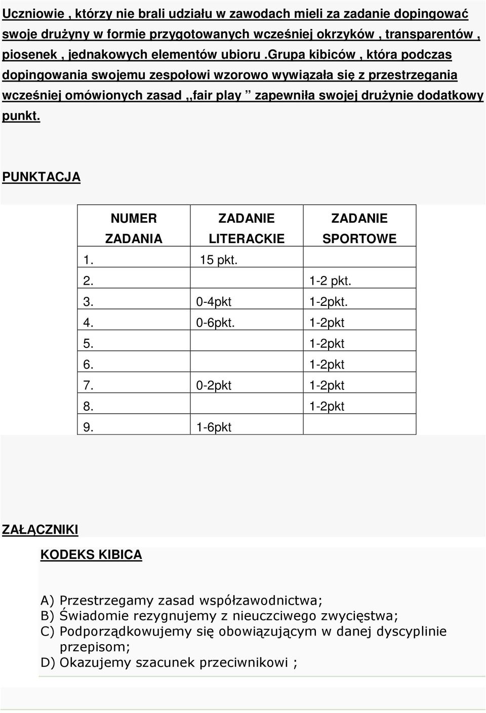 PUNKTACJA NUMER ZADANIA ZADANIE LITERACKIE ZADANIE SPORTOWE 1. 15 pkt. 2. 1-2 pkt. 3. 0-4pkt 1-2pkt. 4. 0-6pkt. 1-2pkt 5. 1-2pkt 6. 1-2pkt 7. 0-2pkt 1-2pkt 8. 1-2pkt 9.