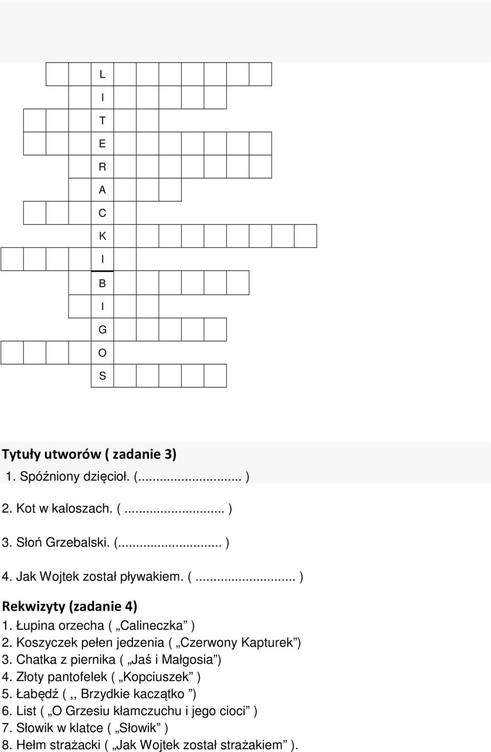 Koszyczek pełen jedzenia ( Czerwony Kapturek ) 3. Chatka z piernika ( Jaś i Małgosia ) 4. Złoty pantofelek ( Kopciuszek ) 5.