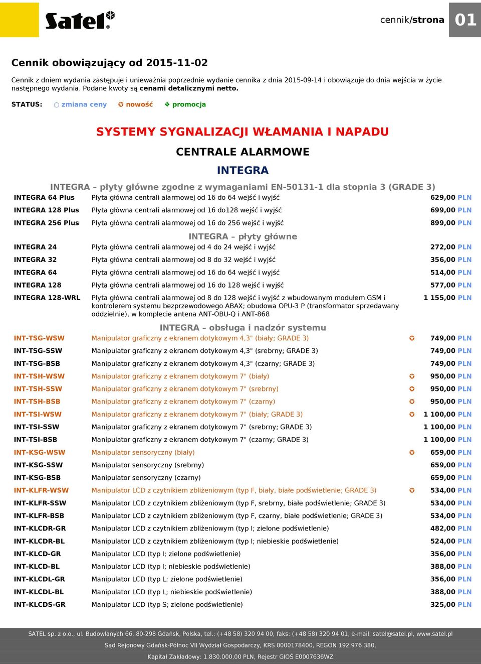 STATUS: zmiana ceny nowość promocja SYSTEMY SYGNALIZACJI WŁAMANIA I NAPADU CENTRALE ALARMOWE INTEGRA INTEGRA płyty główne zgodne z wymaganiami EN-50131-1 dla stopnia 3 (GRADE 3) INTEGRA 64 Plus Płyta