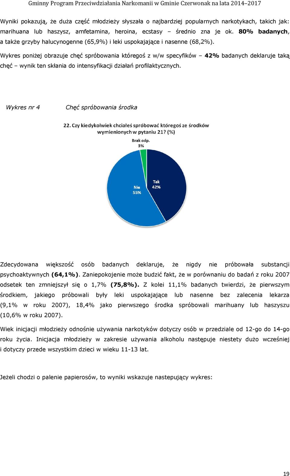 Wykres poniŝej obrazuje chęć spróbowania któregoś z w/w specyfików 42% badanych deklaruje taką chęć wynik ten skłania do intensyfikacji działań profilaktycznych.