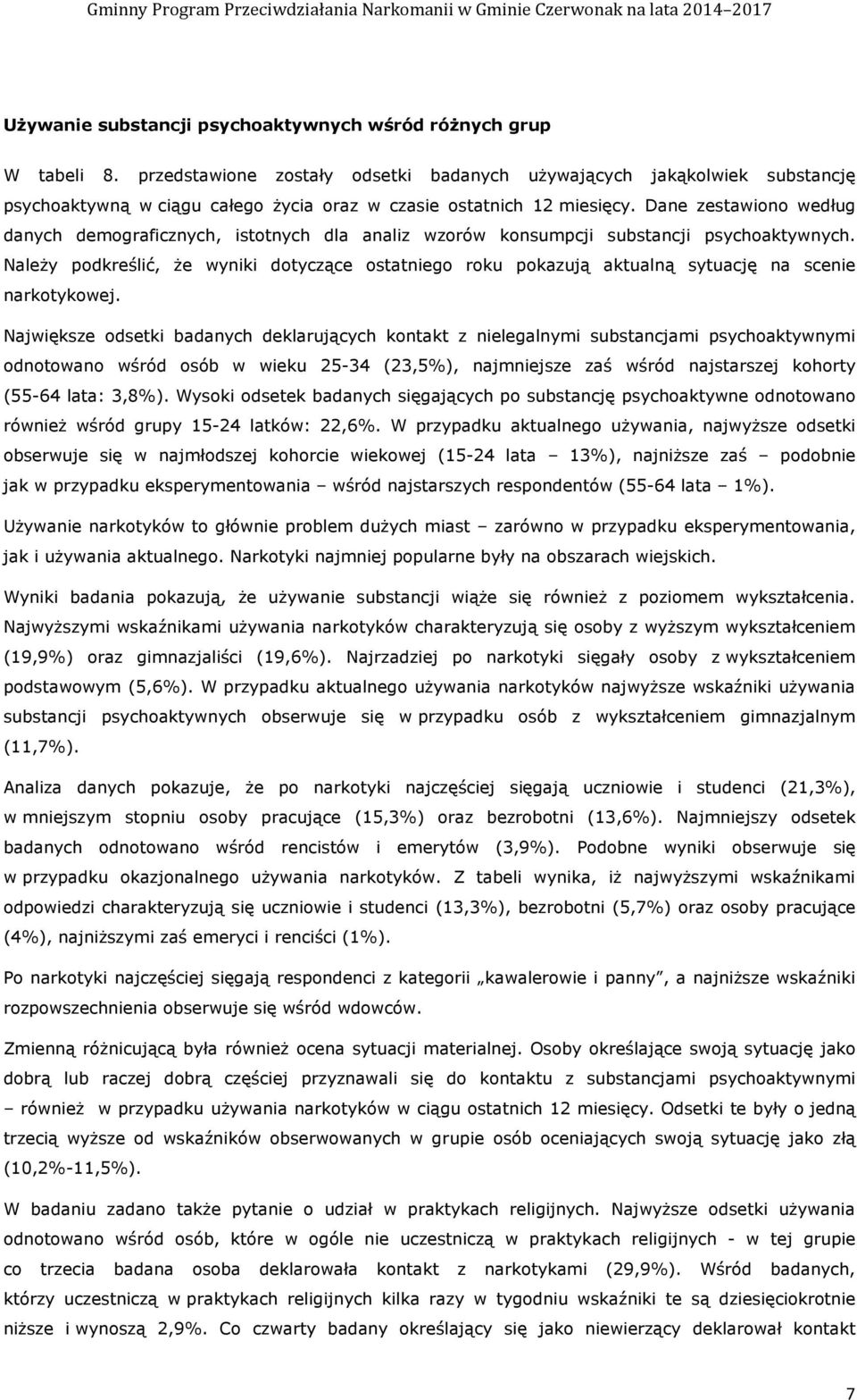 Dane zestawiono według danych demograficznych, istotnych dla analiz wzorów konsumpcji substancji psychoaktywnych.