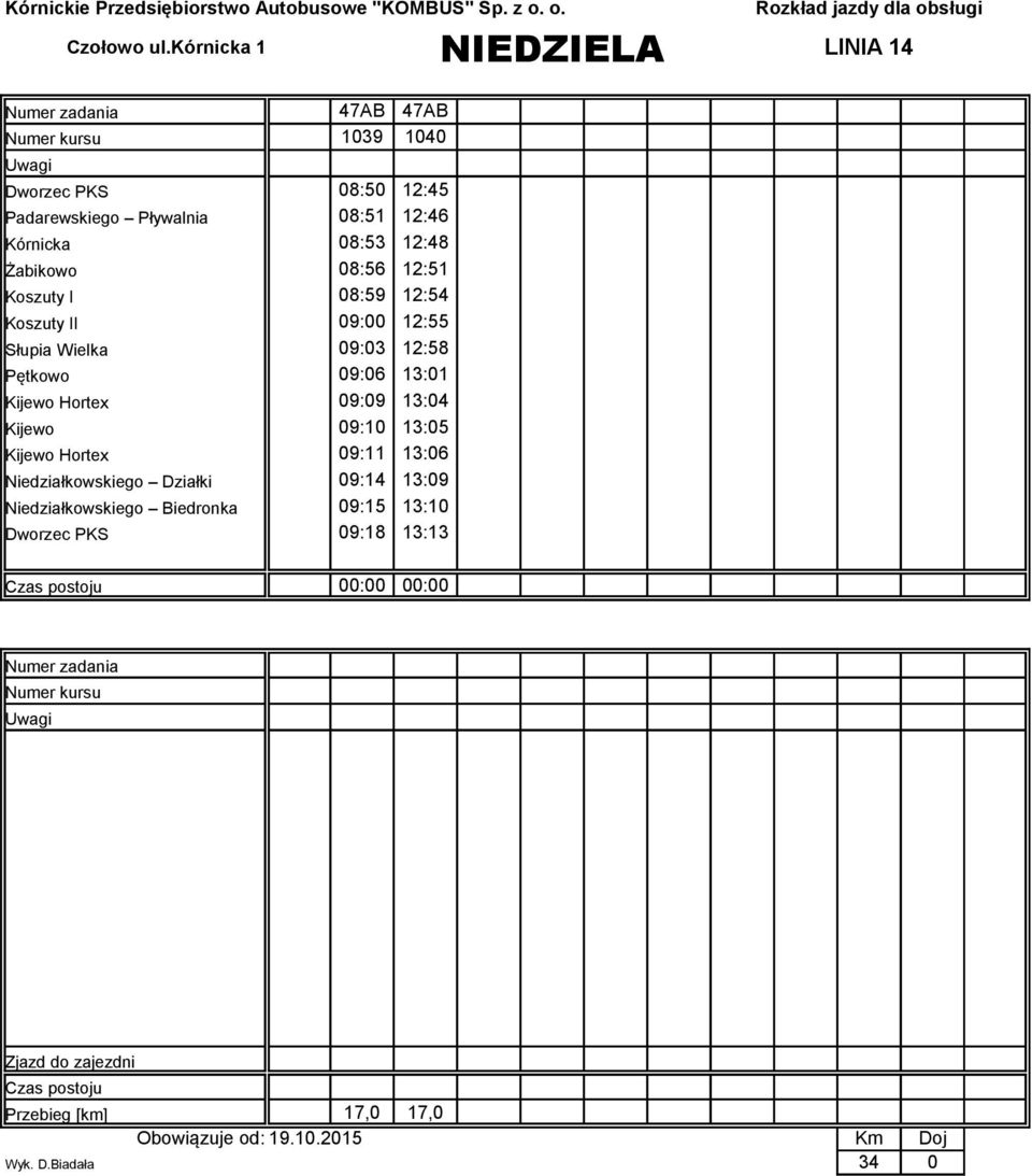 Hortex 09:09 13:04 Kijewo 09:10 13:05 Kijewo Hortex 09:11 13:06 Niedziałkowskiego Działki 09:14 13:09