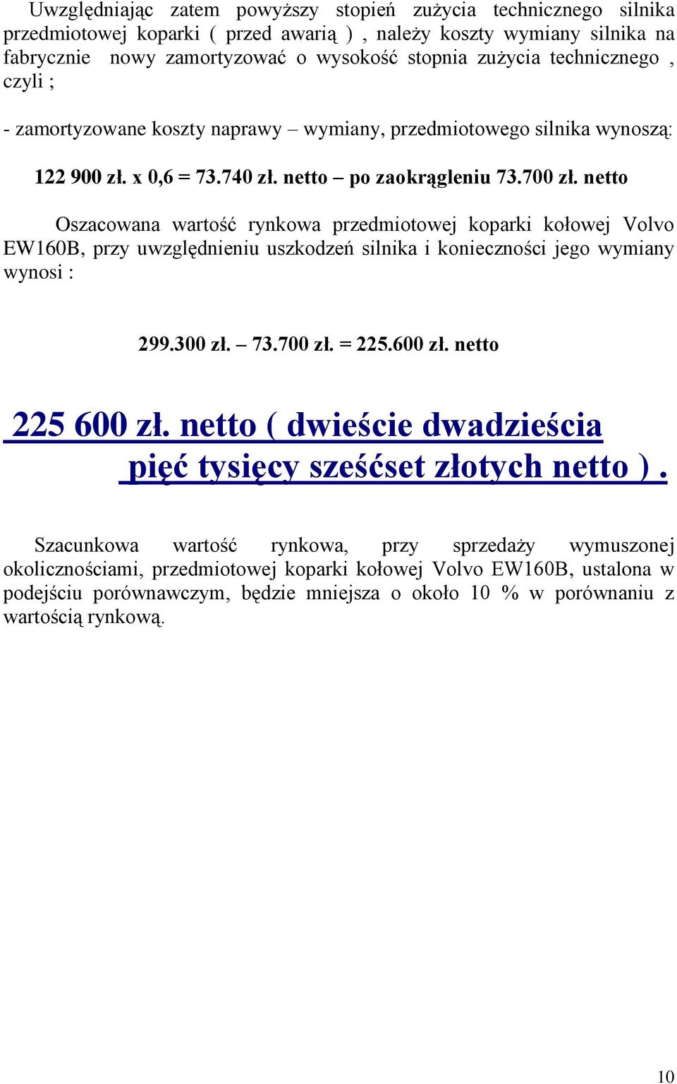 netto Oszacowana wartość rynkowa przedmiotowej koparki kołowej Volvo EW160B, przy uwzględnieniu uszkodzeń silnika i konieczności jego wymiany wynosi : 299.300 zł. 73.700 zł. = 225.600 zł.