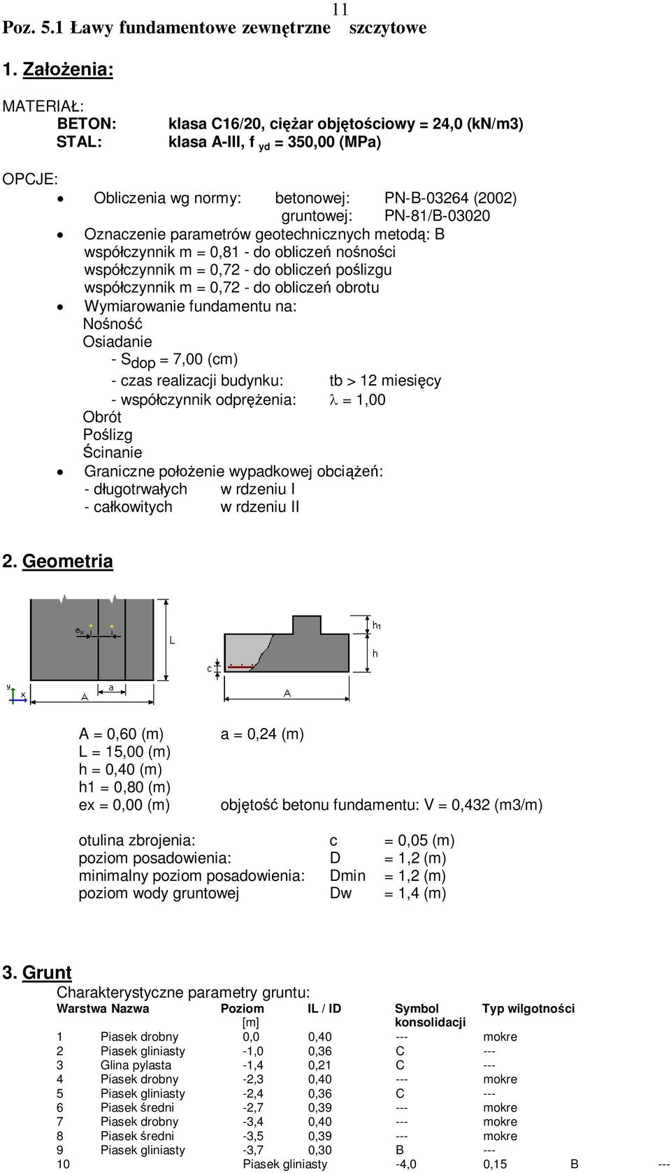 Oznaczenie parametrów geotechnicznych metodą: B współczynnik m = 0,81 - do obliczeń nośności współczynnik m = 0,72 - do obliczeń poślizgu współczynnik m = 0,72 - do obliczeń obrotu Wymiarowanie