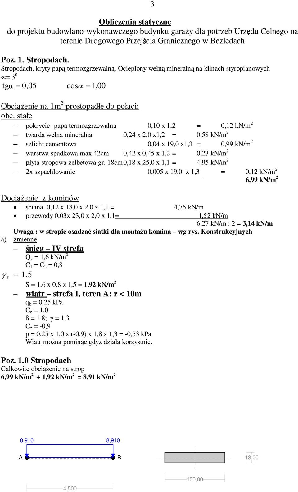 stałe pokrycie- papa termozgrzewalna 0,10 x 1,2 = 0,12 kn/m 2 twarda wełna mineralna 0,24 x 2,0 x1,2 = 0,58 kn/m 2 szlicht cementowa 0,04 x 19,0 x1,3 = 0,99 kn/m 2 warstwa spadkowa max 42cm 0,42 x