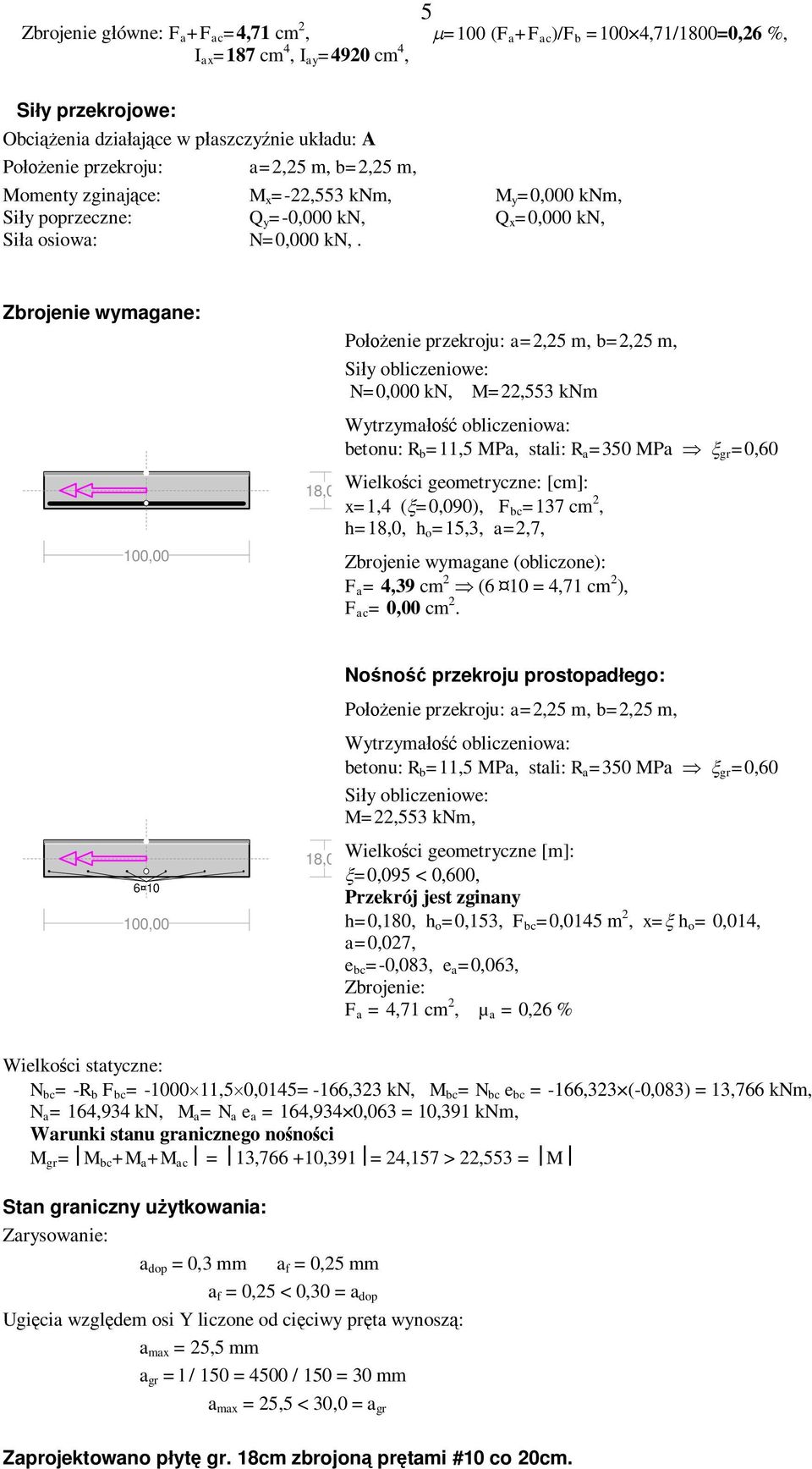 Zbrojenie wymagane: 100,00 18,00 Położenie przekroju: a=2,25 m, b=2,25 m, Siły obliczeniowe: N=0,000 kn, M=22,553 knm Wytrzymałość obliczeniowa: betonu: R b =11,5 MPa, stali: R a =350 MPa Þ x gr
