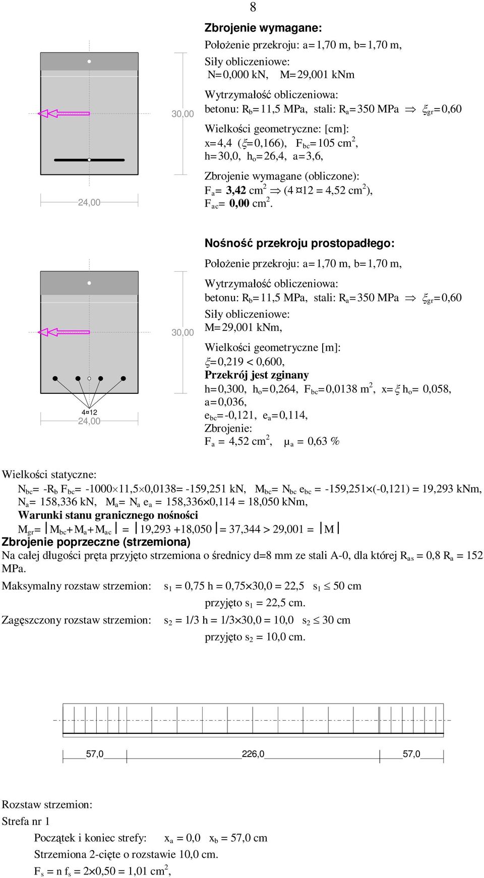4 12 24,00 30,00 Nośność przekroju prostopadłego: Położenie przekroju: a=1,70 m, b=1,70 m, Wytrzymałość obliczeniowa: betonu: R b =11,5 MPa, stali: R a =350 MPa Þ x gr =0,60 Siły obliczeniowe: