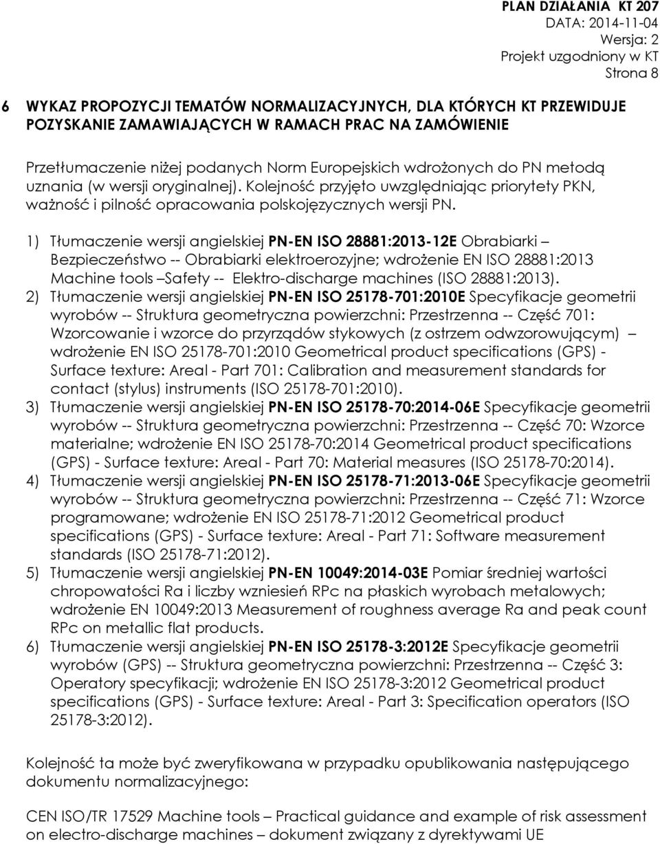 1) Tłumaczenie wersji angielskiej PN-EN ISO 28881:2013-12E Obrabiarki Bezpieczeństwo -- Obrabiarki elektroerozyjne; wdrożenie EN ISO 28881:2013 Machine tools Safety -- Elektro-discharge machines (ISO