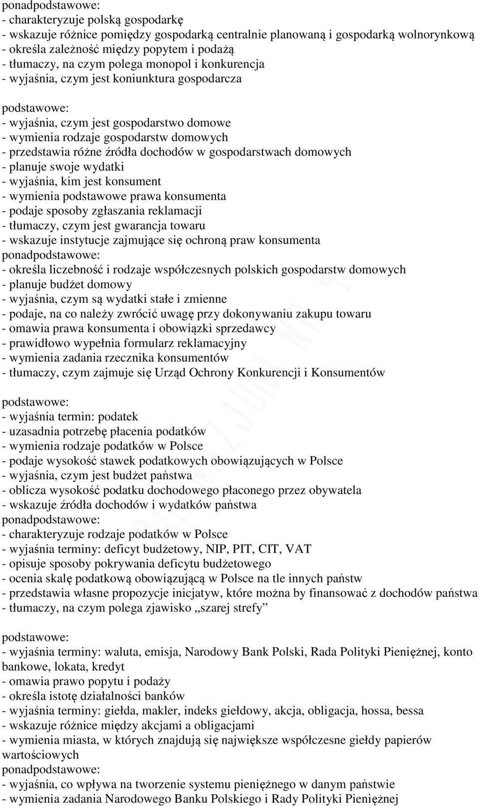 gospodarstwach domowych - planuje swoje wydatki - wyjaśnia, kim jest konsument - wymienia podstawowe prawa konsumenta - podaje sposoby zgłaszania reklamacji - tłumaczy, czym jest gwarancja towaru -