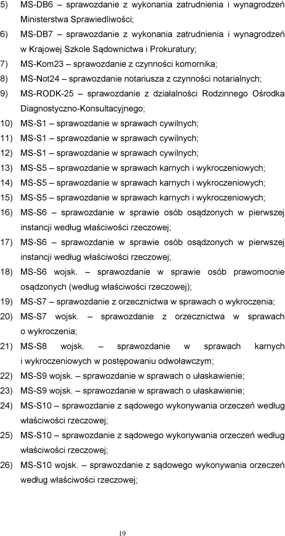 Diagnostyczno-Konsultacyjnego; 10) MS-S1 sprawozdanie w sprawach cywilnych; 11) MS-S1 sprawozdanie w sprawach cywilnych; 12) MS-S1 sprawozdanie w sprawach cywilnych; 13) MS-S5 sprawozdanie w sprawach