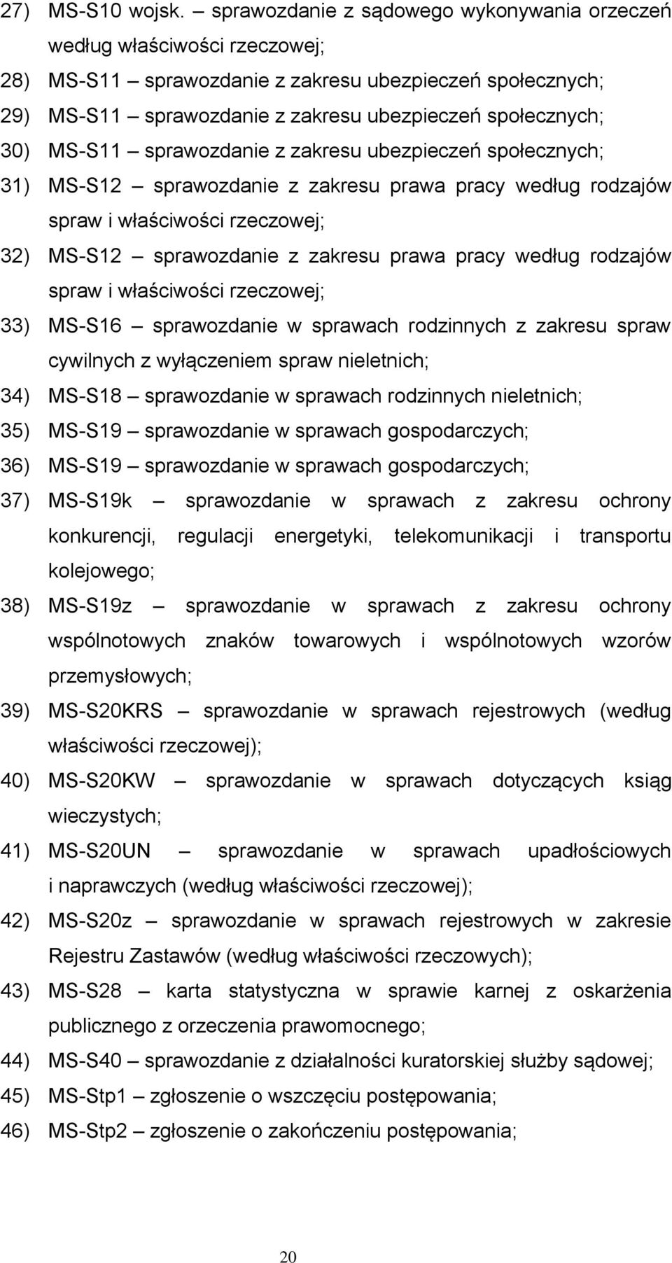 MS-S11 sprawozdanie z zakresu ubezpieczeń społecznych; 31) MS-S12 sprawozdanie z zakresu prawa pracy według rodzajów spraw i właściwości rzeczowej; 32) MS-S12 sprawozdanie z zakresu prawa pracy