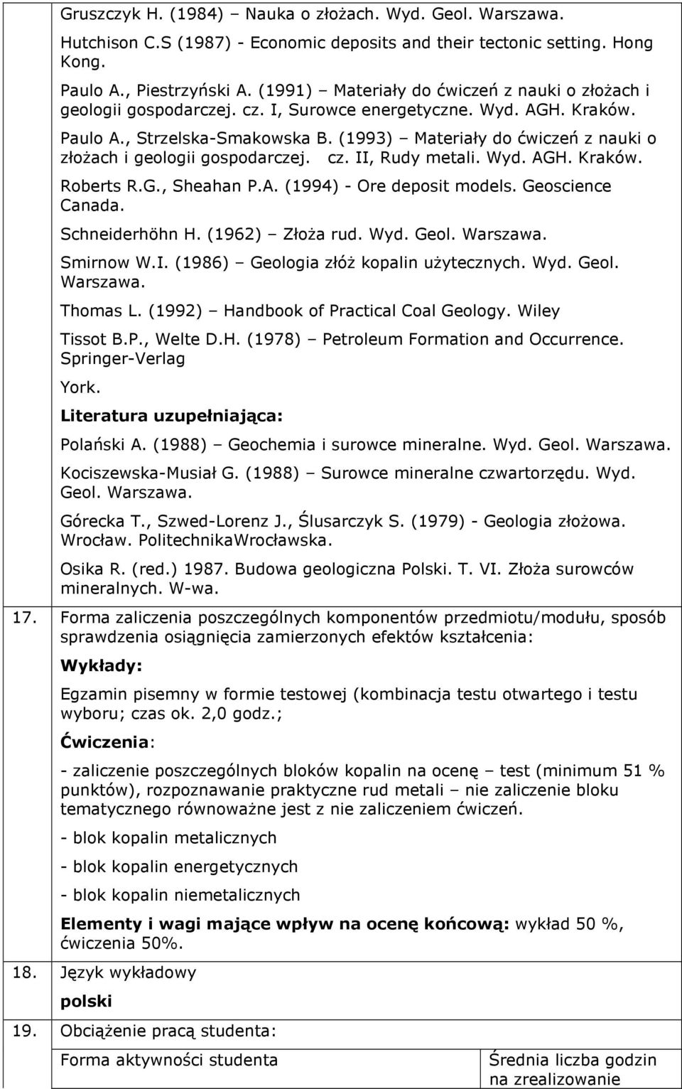 (1993) Materiały do ćwiczeń z nauki o złożach i geologii gospodarczej. cz. II, Rudy metali. Wyd. AGH. Kraków. Roberts R.G., Sheahan P.A. (1994) - Ore deposit models. Geoscience Canada.