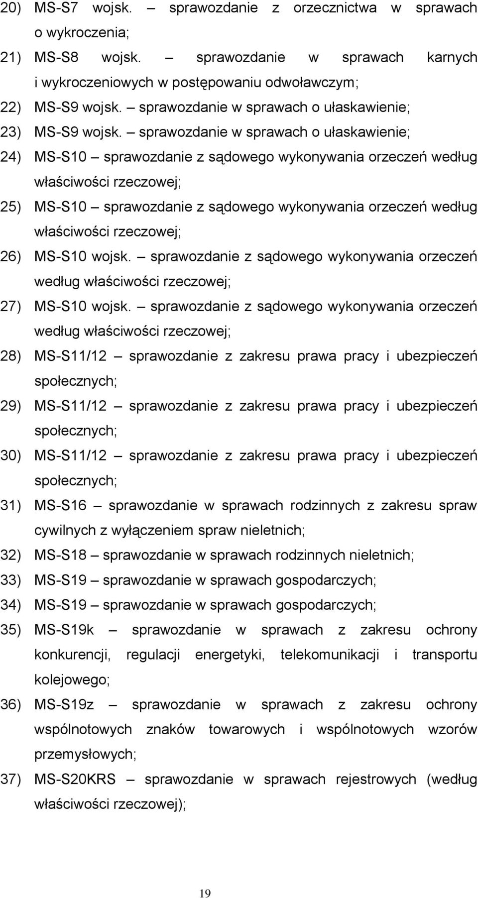 sprawozdanie w sprawach o ułaskawienie; 24) MS-S10 sprawozdanie z sądowego wykonywania orzeczeń według właściwości rzeczowej; 25) MS-S10 sprawozdanie z sądowego wykonywania orzeczeń według