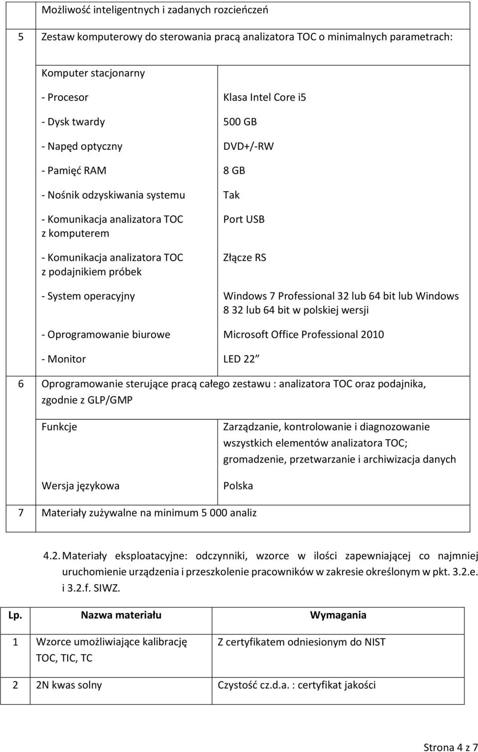 Intel Core i5 500 GB DVD+/-RW 8 GB Tak Port USB Złącze RS Windows 7 Professional 32 lub 64 bit lub Windows 8 32 lub 64 bit w polskiej wersji Microsoft Office Professional 2010 LED 22 6 Oprogramowanie
