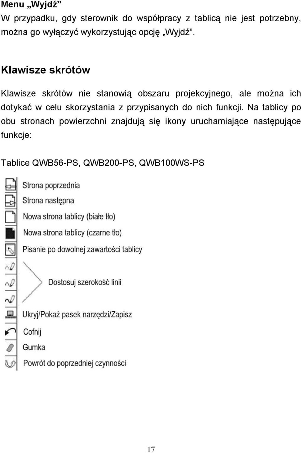 Klawisze skrótów Klawisze skrótów nie stanowią obszaru projekcyjnego, ale można ich dotykać w celu