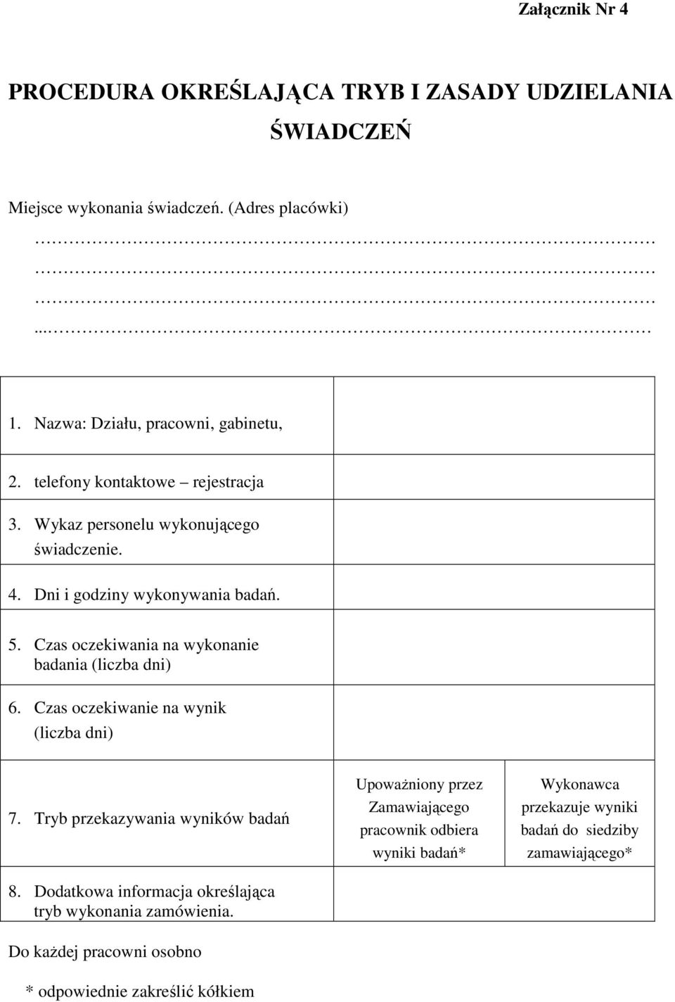 Czas oczekiwania na wykonanie badania (liczba dni) 6. Czas oczekiwanie na wynik (liczba dni) 7. Tryb przekazywania wyników badań 8.
