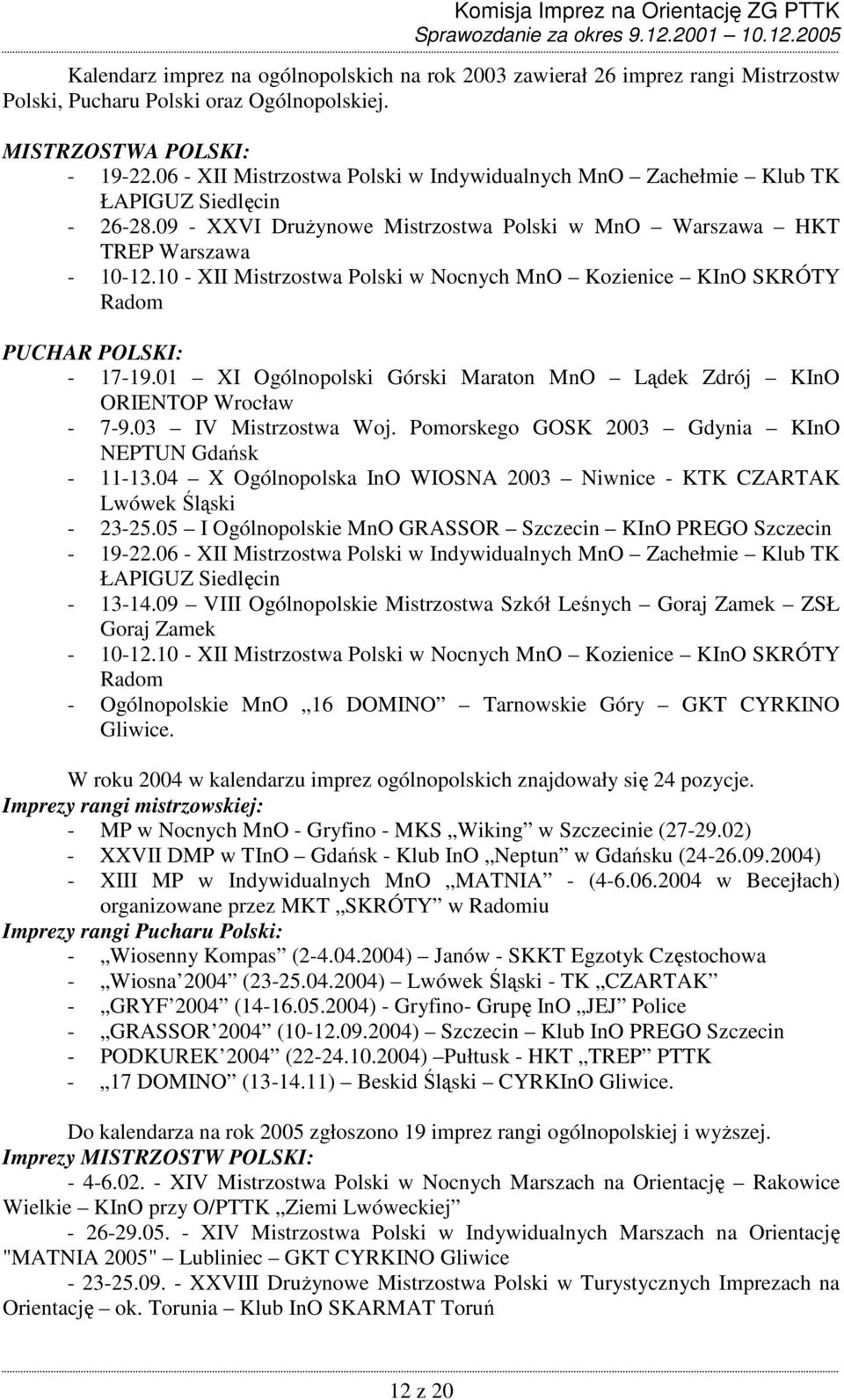 10 - XII Mistrzostwa Polski w Nocnych MnO Kozienice KInO SKRÓTY Radom PUCHAR POLSKI: - 17-19.01 XI Ogólnopolski Górski Maraton MnO Lądek Zdrój KInO ORIENTOP Wrocław - 7-9.03 IV Mistrzostwa Woj.