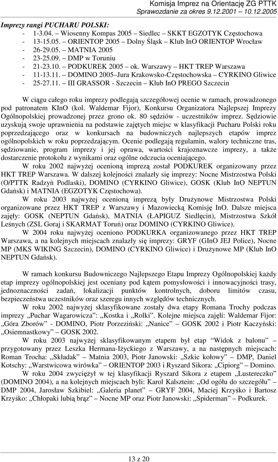 13.11. DOMINO 2005 Jura Krakowsko-Częstochowska CYRKINO Gliwice - 25-27.11. III GRASSOR - Szczecin Klub InO PREGO Szczecin W ciągu całego roku imprezy podlegają szczegółowej ocenie w ramach, prowadzonego pod patronatem KInO (kol.