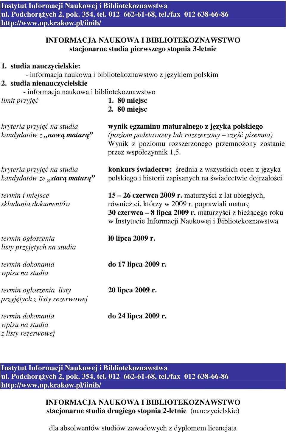 80 miejsc kandydatów z nową maturą kandydatów ze starą maturą termin i miejsce wynik egzaminu maturalnego z języka polskiego (poziom podstawowy lub rozszerzony część pisemna) Wynik z poziomu