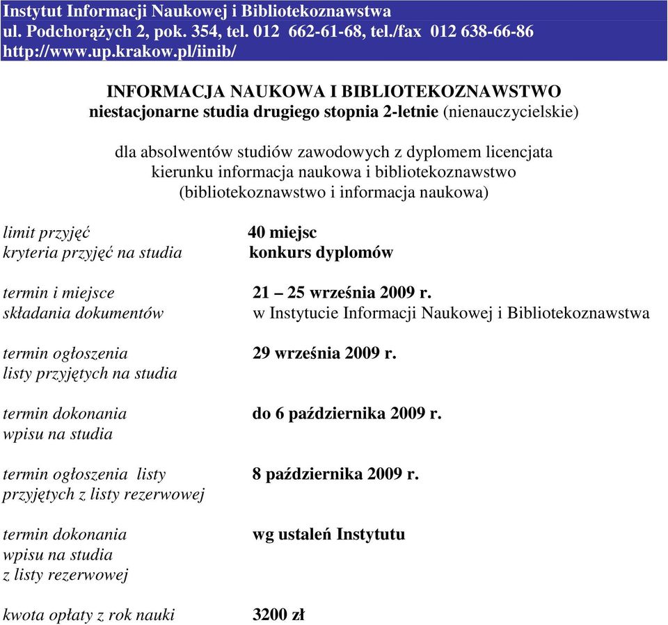 miejsc termin i miejsce 21 25 września 2009 r. termin ogłoszenia 29 września 2009 r.