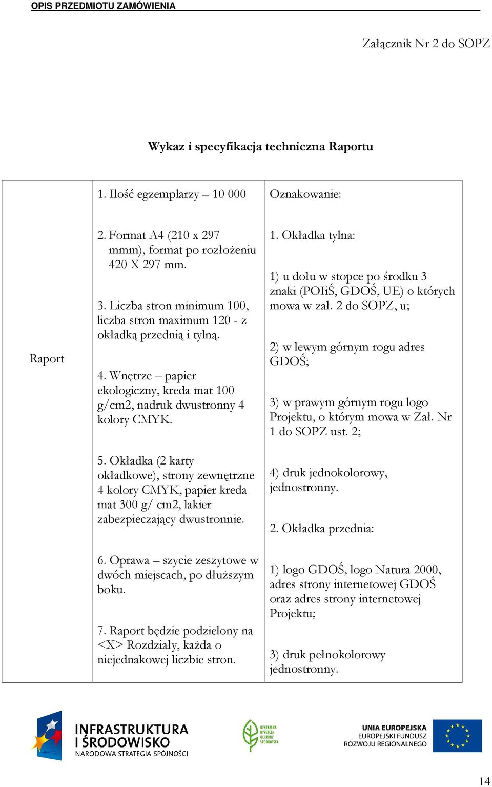 Okładka (2 karty okładkowe), strony zewnętrzne 4 kolory CMYK, papier kreda mat 300 g/ cm2, lakier zabezpieczający dwustronnie. 6. Oprawa szycie zeszytowe w dwóch miejscach, po dłuŝszym boku. 7.