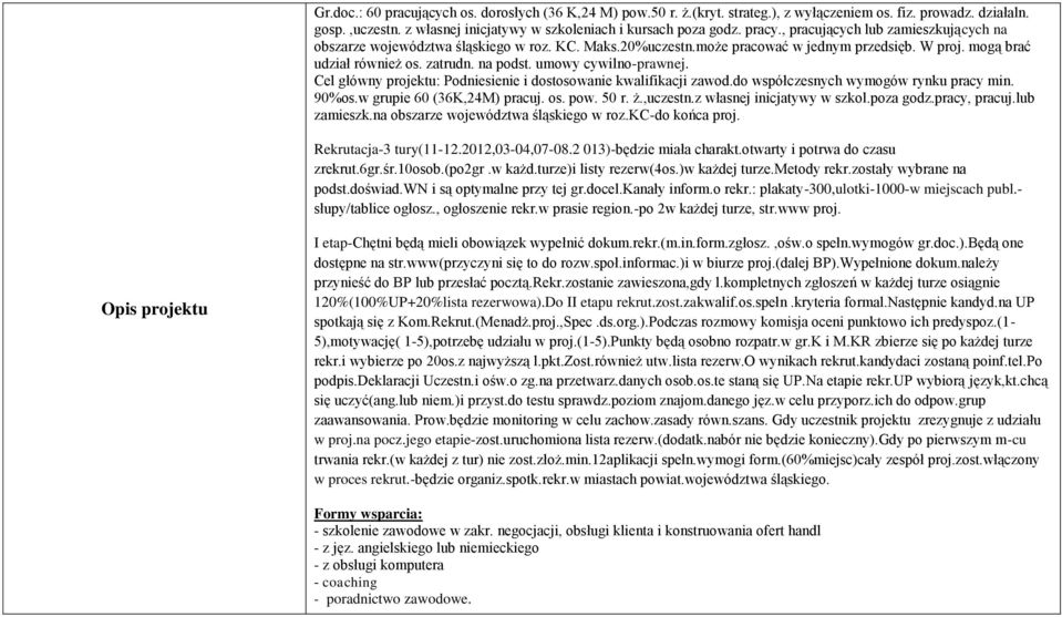 umowy cywilno-prawnej. Cel główny projektu: Podniesienie i dostosowanie kwalifikacji zawod.do współczesnych wymogów rynku pracy min. 90%os.w grupie 60 (36K,24M) pracuj. os. pow. 50 r. ż.,uczestn.