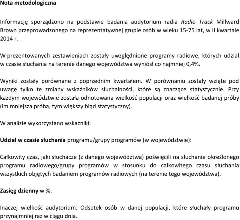 Wyniki zostały porównane z poprzednim kwartałem. W porównaniu zostały wzięte pod uwagę tylko te zmiany wskaźników słuchalności, które są znaczące statystycznie.