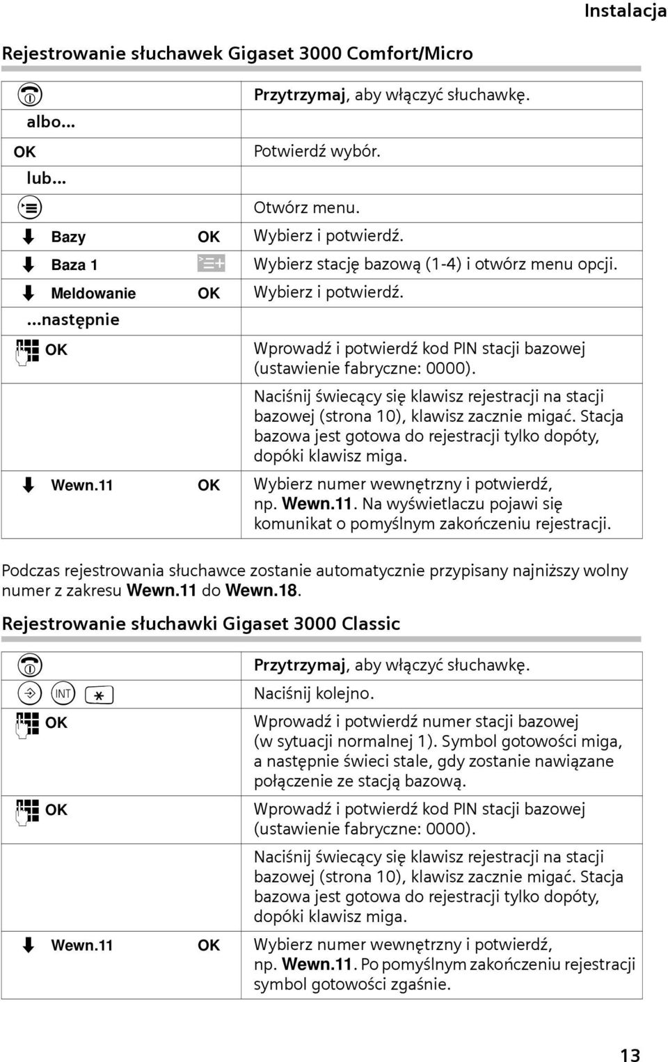 Naciśnij świecący się klawisz rejestracji na stacji bazowej (strona 10), klawisz zacznie migać. Stacja bazowa jest gotowa do rejestracji tylko dopóty, dopóki klawisz miga. s Wewn.