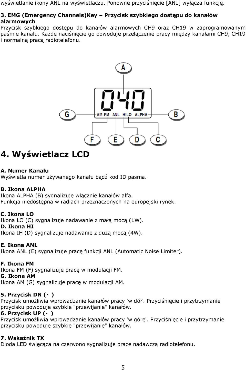 Każde naciśnięcie go powoduje przełączenie pracy między kanałami CH9, CH19 i normalną pracą radiotelefonu. 4. Wyświetlacz LCD A. Numer Kanału Wyświetla numer używanego kanału bądź kod ID pasma. B.