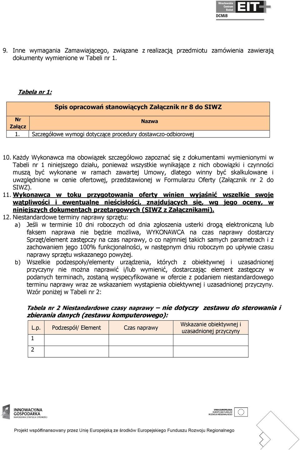 Każdy Wykonawca ma obowiązek szczegółowo zapoznać się z dokumentami wymienionymi w Tabeli nr niniejszego działu, ponieważ wszystkie wynikające z nich obowiązki i czynności muszą być wykonane w ramach