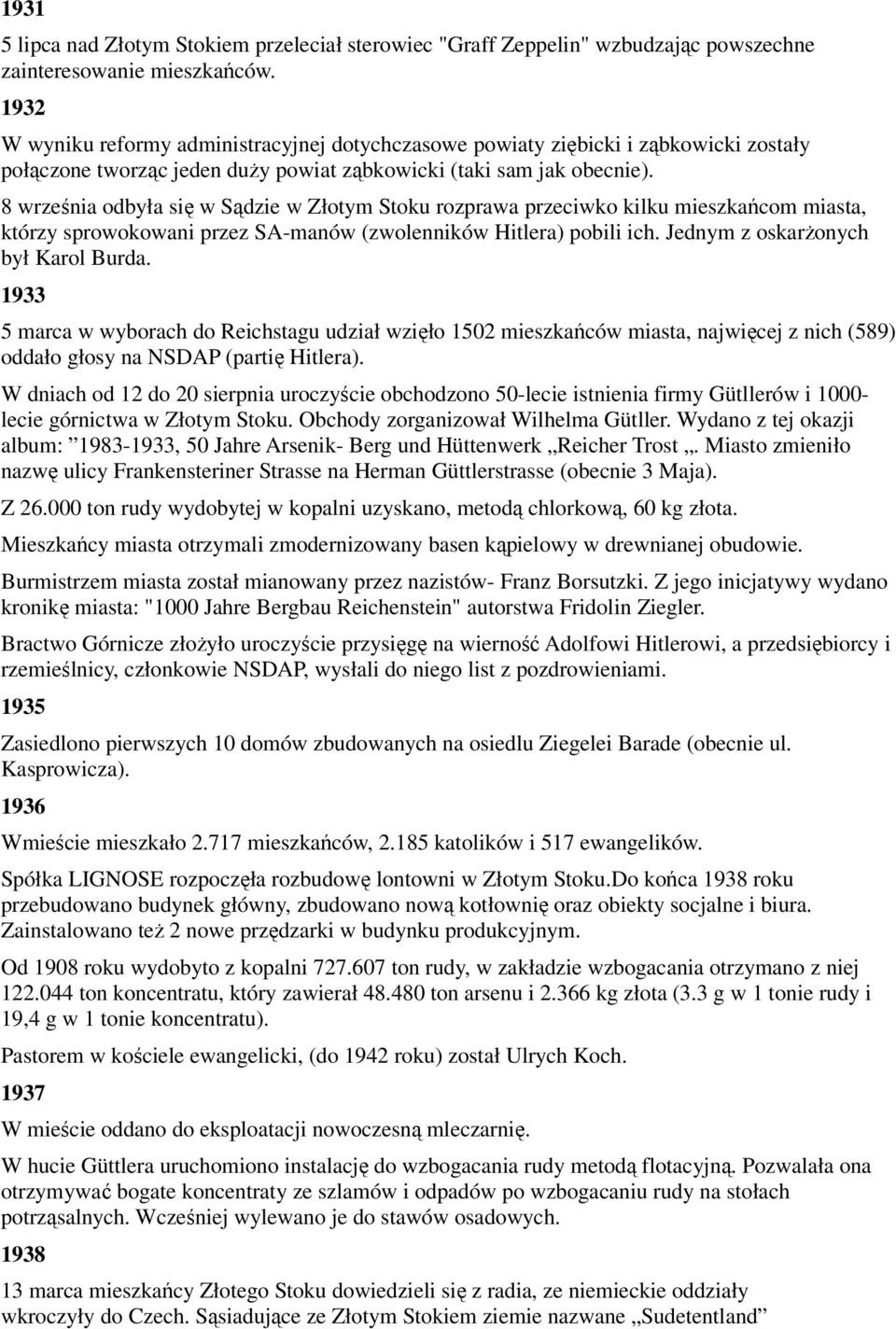 8 września odbyła się w Sądzie w Złotym Stoku rozprawa przeciwko kilku mieszkańcom miasta, którzy sprowokowani przez SA-manów (zwolenników Hitlera) pobili ich. Jednym z oskarŝonych był Karol Burda.