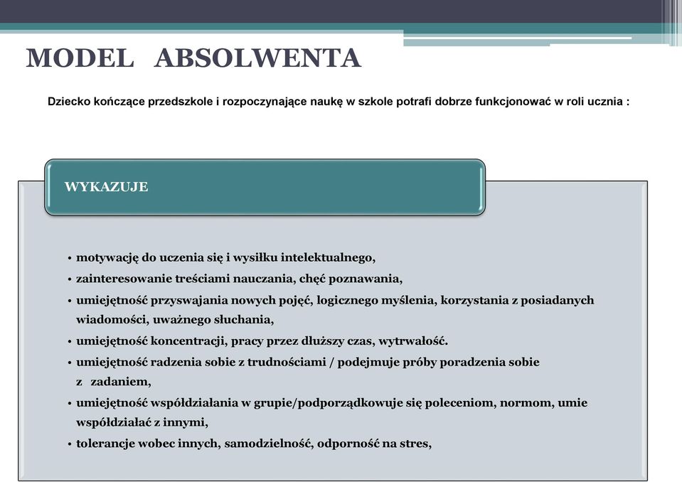 wiadomości, uważnego słuchania, umiejętność koncentracji, pracy przez dłuższy czas, wytrwałość.