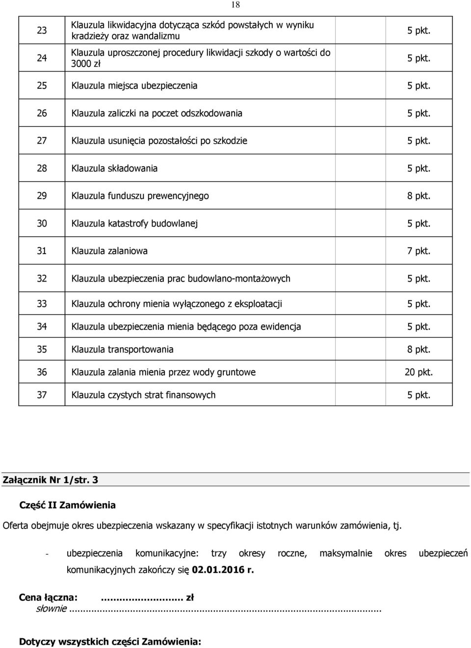 29 Klauzula funduszu prewencyjnego 8 pkt. 30 Klauzula katastrofy budowlanej 5 pkt. 31 Klauzula zalaniowa 7 pkt. 32 Klauzula ubezpieczenia prac budowlano-montażowych 5 pkt.
