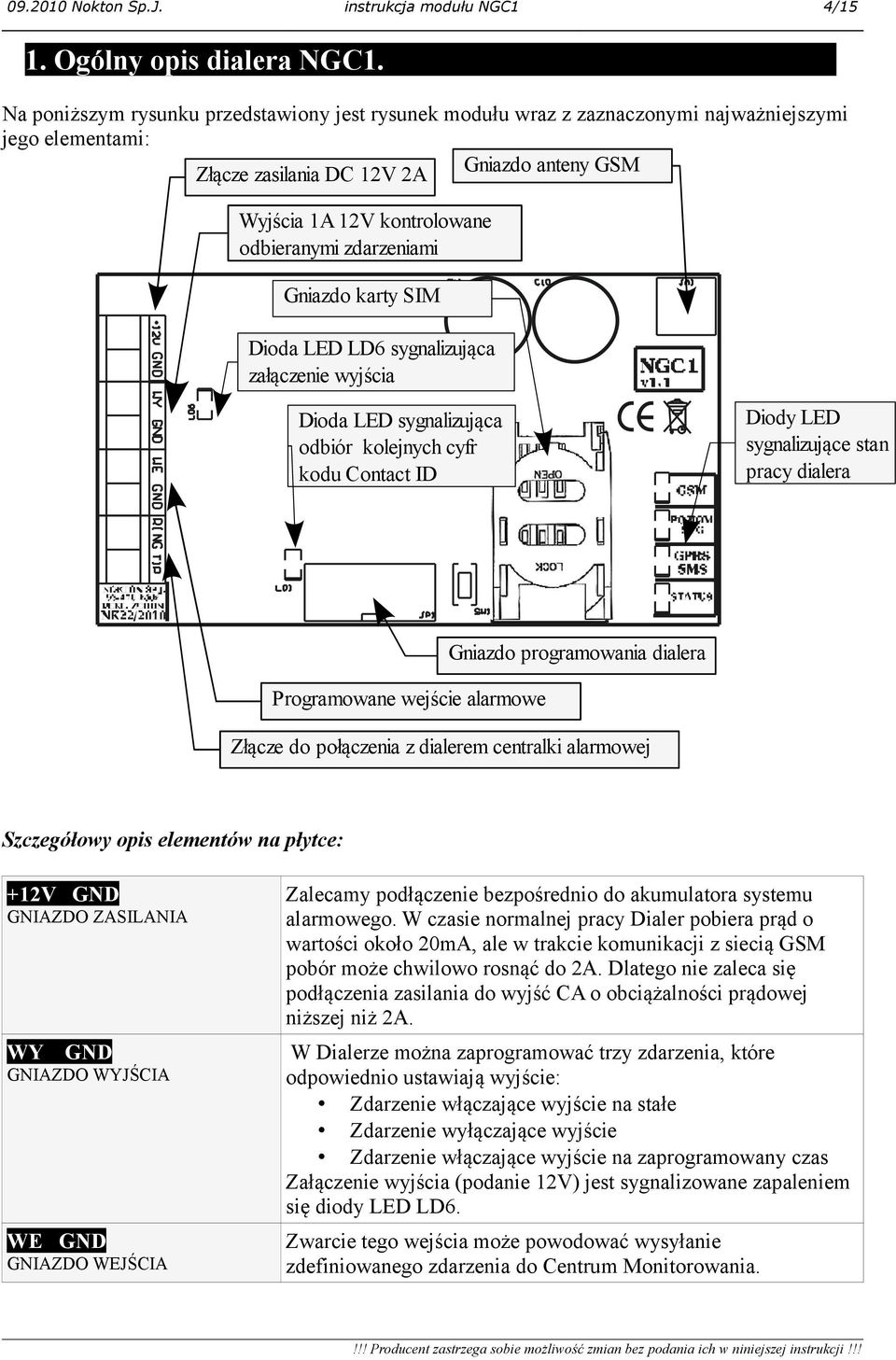 zdarzeniami Gniazdo karty SIM Dioda LED LD6 sygnalizująca załączenie wyjścia Dioda LED sygnalizująca odbiór kolejnych cyfr kodu Contact ID Diody LED sygnalizujące stan pracy dialera Programowane