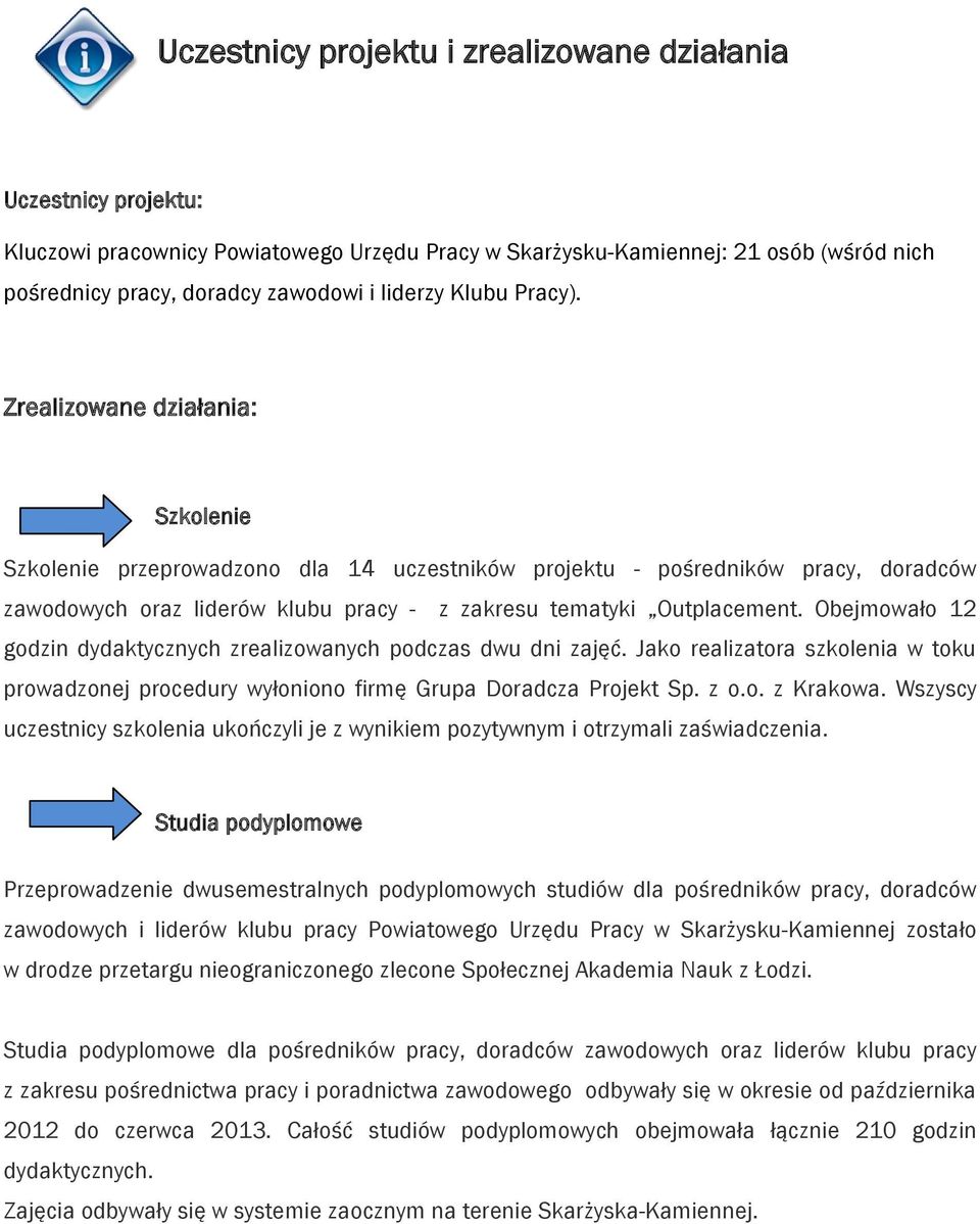 Zrealizowane działania: Szkolenie Szkolenie przeprowadzono dla 14 uczestników projektu - pośredników pracy, doradców zawodowych oraz liderów klubu pracy - z zakresu tematyki Outplacement.