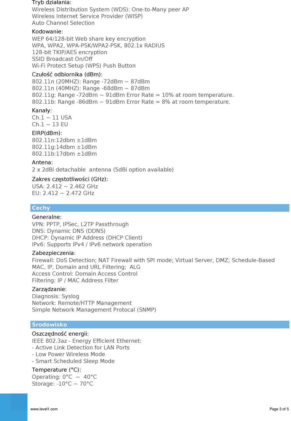 11n (40MHZ): Range -68dBm ~ 87dBm 802.11g: Range -72dBm ~ 91dBm Error Rate = 10% at room temperature. 802.11b: Range -86dBm ~ 91dBm Error Rate = 8% at room temperature. Kanały: Ch.1 ~ 11 USA Ch.