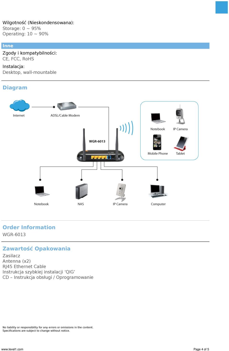Ethernet Cable Instrukcja szybkiej instalacji QIG CD Instrukcja obsługi / Oprogramowanie No liability or