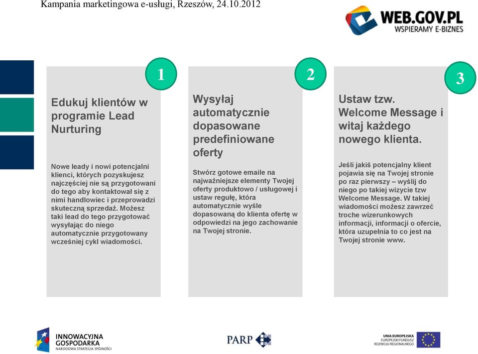 1 2 Wysyłaj automatycznie dopasowane predefiniowane oferty Stwórz gotowe emaile na najważniejsze elementy Twojej oferty produktowo / usługowej i ustaw regułę, która automatycznie wyśle dopasowaną do