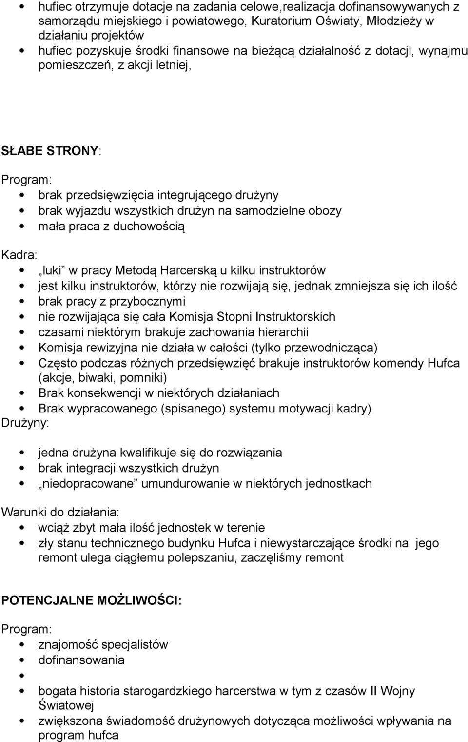 duchowością luki w pracy Metodą Harcerską u kilku instruktorów jest kilku instruktorów, którzy nie rozwijają się, jednak zmniejsza się ich ilość brak pracy z przybocznymi nie rozwijająca się cała