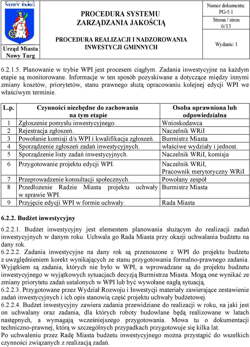 Wnioskodawca 2 Rejestracja zgłoszeń. Naczelnik WRiI 3 Powołanie komisji d/s WPI i kwalifikacja zgłoszeń. Burmistrz Miasta 4 Sporządzenie zgłoszeń zadań inwestycyjnych. właściwe wydziały i jednost.