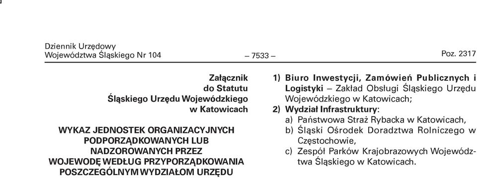 PRZEZ WOJEWODĘ WEDŁUG PRZYPORZĄDKOWANIA POSZCZEGÓLNYM WYDZIAŁOM URZĘDU 1) Biuro Inwestycji, Zamówień Publicznych i Logistyki Zakład