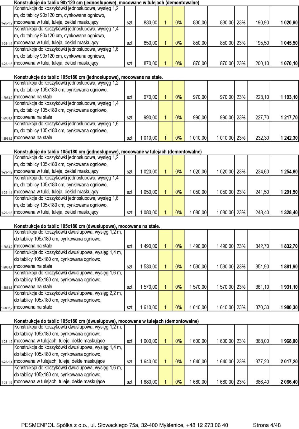 830,00 1 0% 830,00 830,00 23% 190,90 1 020,90 Konstrukcja do koszykówki jednosłupowa, wysięg 1,4 m, do tablicy 90x120 cm, cynkowana ogniowo, mocowana w tulei, tuleja, dekiel maskujący szt.