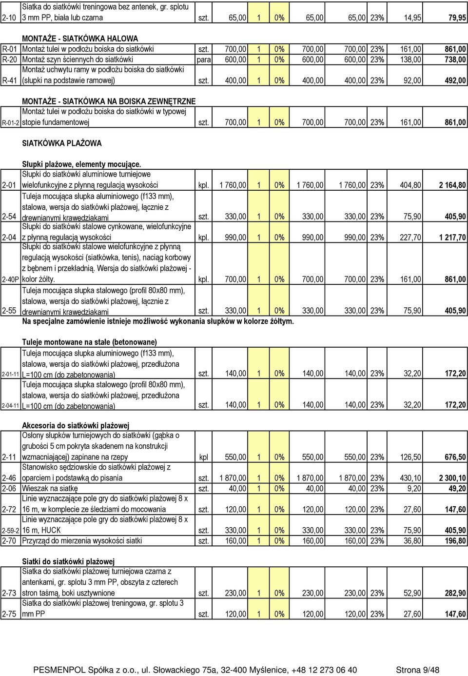 700,00 1 0% 700,00 700,00 23% 161,00 861,00 R-20 Montaż szyn ściennych do siatkówki para 600,00 1 0% 600,00 600,00 23% 138,00 738,00 R-41 Montaż uchwytu ramy w podłożu boiska do siatkówki (słupki na