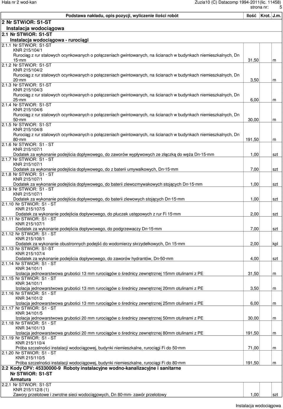 1.4 Nr STWiOR: S1-ST KNR 215/104/6 Rurociąg z rur stalowych ocynkowanych o połączeniach gwintowanych, na ścianach w budynkach niemieszkalnych, Dn 50 mm 30,00 m 2.1.5 Nr STWiOR: S1-ST KNR 215/104/8 Rurociąg z rur stalowych ocynkowanych o połączeniach gwintowanych, na ścianach w budynkach niemieszkalnych, Dn 80 mm 191,50 m 2.
