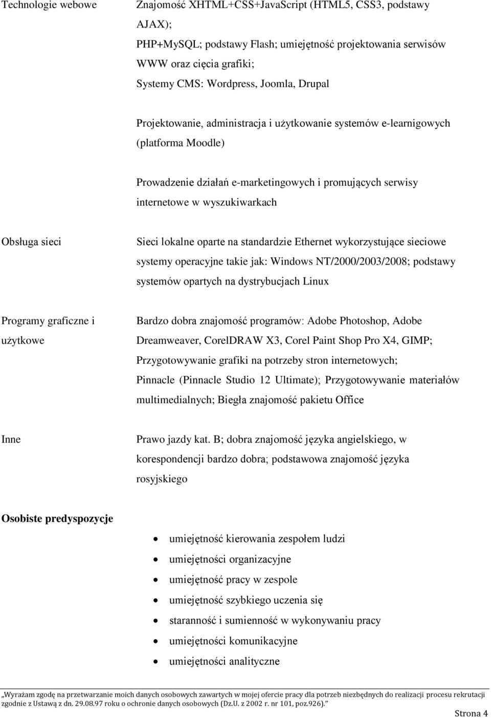 Sieci lokalne oparte na standardzie Ethernet wykorzystujące sieciowe systemy operacyjne takie jak: Windows NT/2000/2003/2008; podstawy systemów opartych na dystrybucjach Linux Programy graficzne i