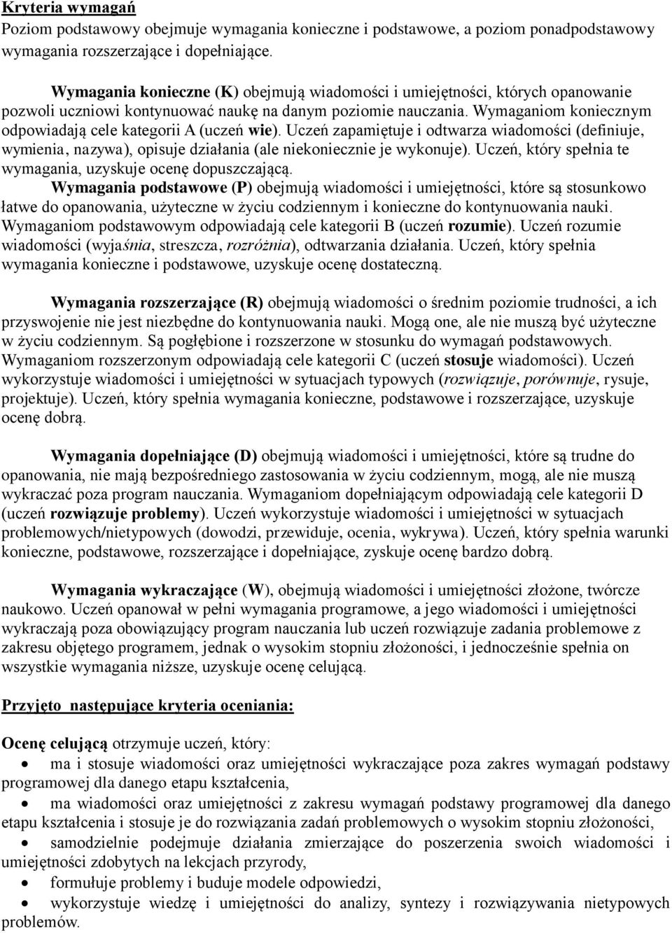 Wymaganiom koniecznym odpowiadają cele kategorii A (uczeń wie). Uczeń zapamiętuje i odtwarza wiadomości (definiuje, wymienia, nazywa), opisuje działania (ale niekoniecznie je wykonuje).