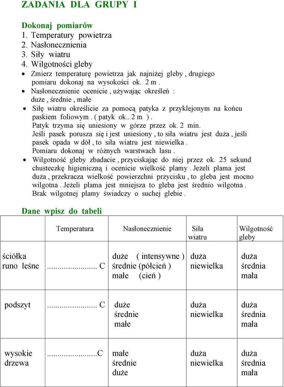 Nasłonecznienie ocenicie, używając określeń : duże, średnie, małe Siłę wiatru określicie za pomocą patyka z przyklejonym na końcu paskiem foliowym. ( patyk ok.. 2 m ).