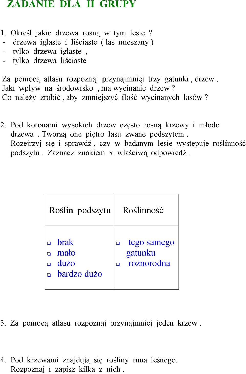 Jaki wpływ na środowisko, ma wycinanie drzew? Co należy zrobić, aby zmniejszyć ilość wycinanych lasów? 2. Pod koronami wysokich drzew często rosną krzewy i młode drzewa.