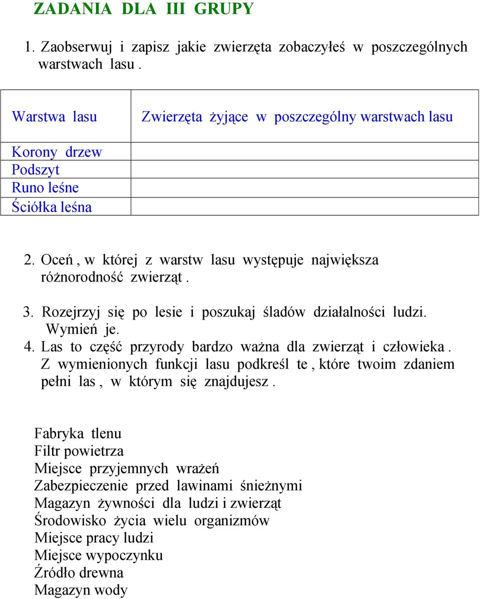 Rozejrzyj się po lesie i poszukaj śladów działalności ludzi. Wymień je. 4. Las to część przyrody bardzo ważna dla zwierząt i człowieka.