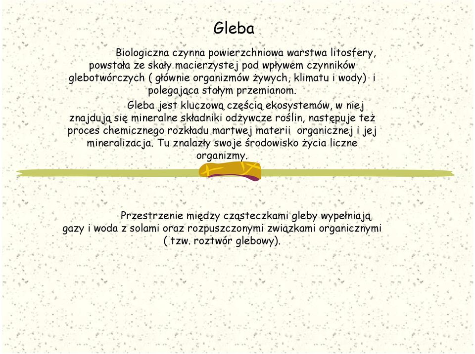 Gleba jest kluczową częścią ekosystemów, w niej znajdują się mineralne składniki odŝywcze roślin, następuje teŝ proces chemicznego rozkładu